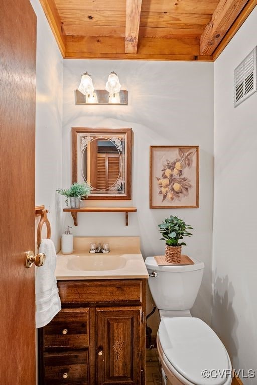 half bath featuring wood ceiling, toilet, vanity, and visible vents