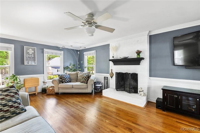 living room with crown molding, ceiling fan, a fireplace, a wainscoted wall, and wood finished floors