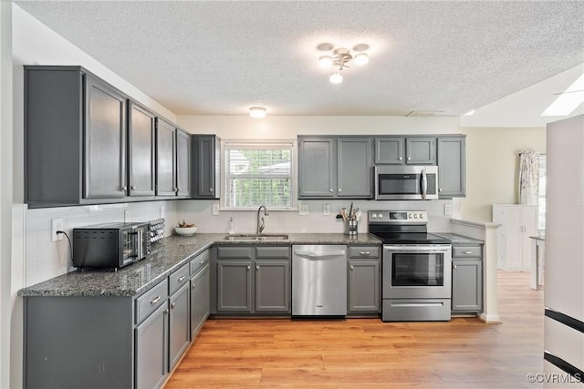 kitchen featuring a sink, appliances with stainless steel finishes, dark stone countertops, and a textured ceiling