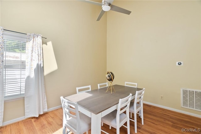 dining room with visible vents, a ceiling fan, light wood-style floors, and baseboards