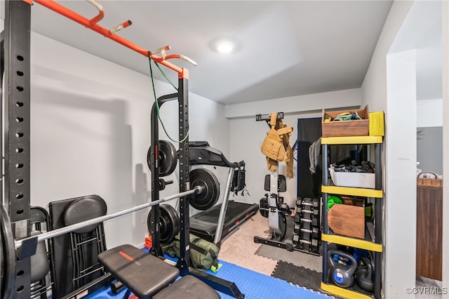workout room with carpet flooring