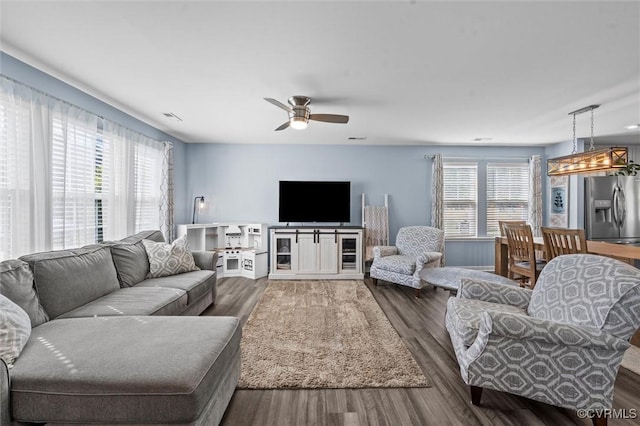 living room with plenty of natural light, a ceiling fan, and wood finished floors