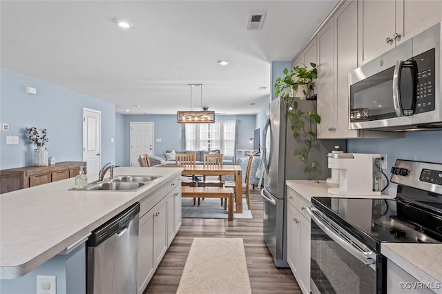 kitchen with light countertops, a sink, wood finished floors, and stainless steel appliances