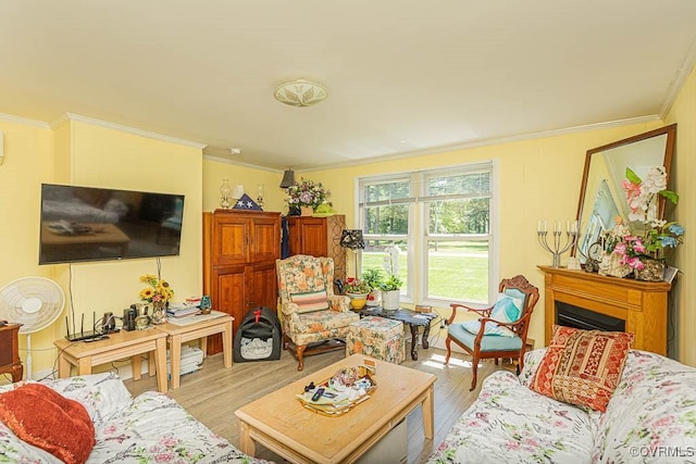 living room with a fireplace, ornamental molding, and wood finished floors