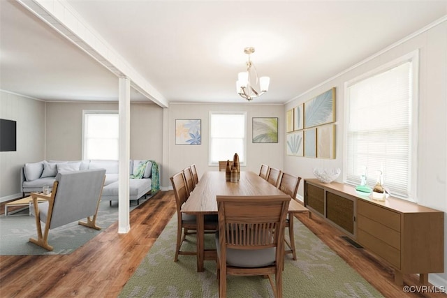 932 Eastern View Rd, King & Queen, VA 23148 - dining space featuring an inviting chandelier, wood finished floors, a wealth of natural light, and ornamental molding
