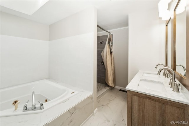 932 Eastern View Rd, King & Queen, VA 23148 - bathroom featuring a sink, double vanity, a tile shower, marble finish floor, and a whirlpool tub