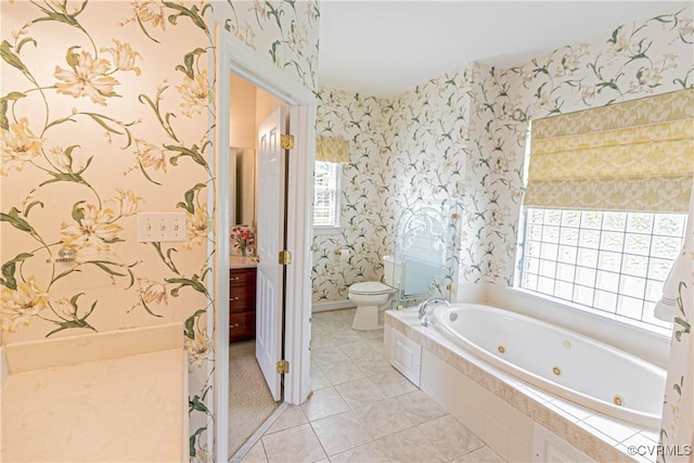 full bath featuring toilet, wallpapered walls, plenty of natural light, and tile patterned floors
