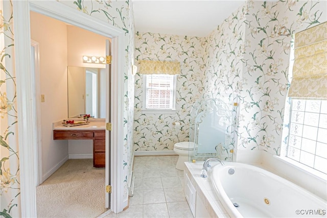 bathroom with a tub with jets, baseboards, toilet, and wallpapered walls