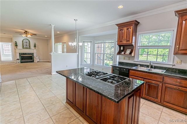 kitchen featuring a sink, gas stovetop, black dishwasher, and light tile patterned flooring