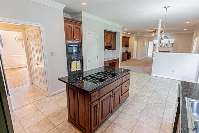 kitchen featuring ornamental molding, black appliances, recessed lighting, and open floor plan