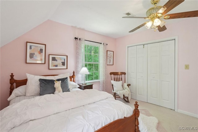 12211 Mill Race Run, Amelia, VA 23002 - bedroom featuring a ceiling fan, baseboards, a closet, lofted ceiling, and light carpet