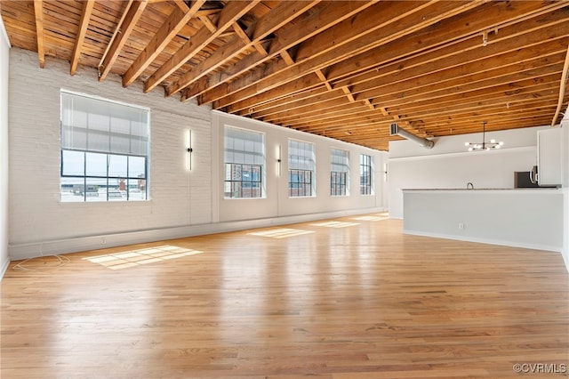 1716 Summit Ave Unit 30, Richmond, VA 23230 - unfurnished living room featuring wood ceiling, baseboards, a chandelier, and light wood-style flooring