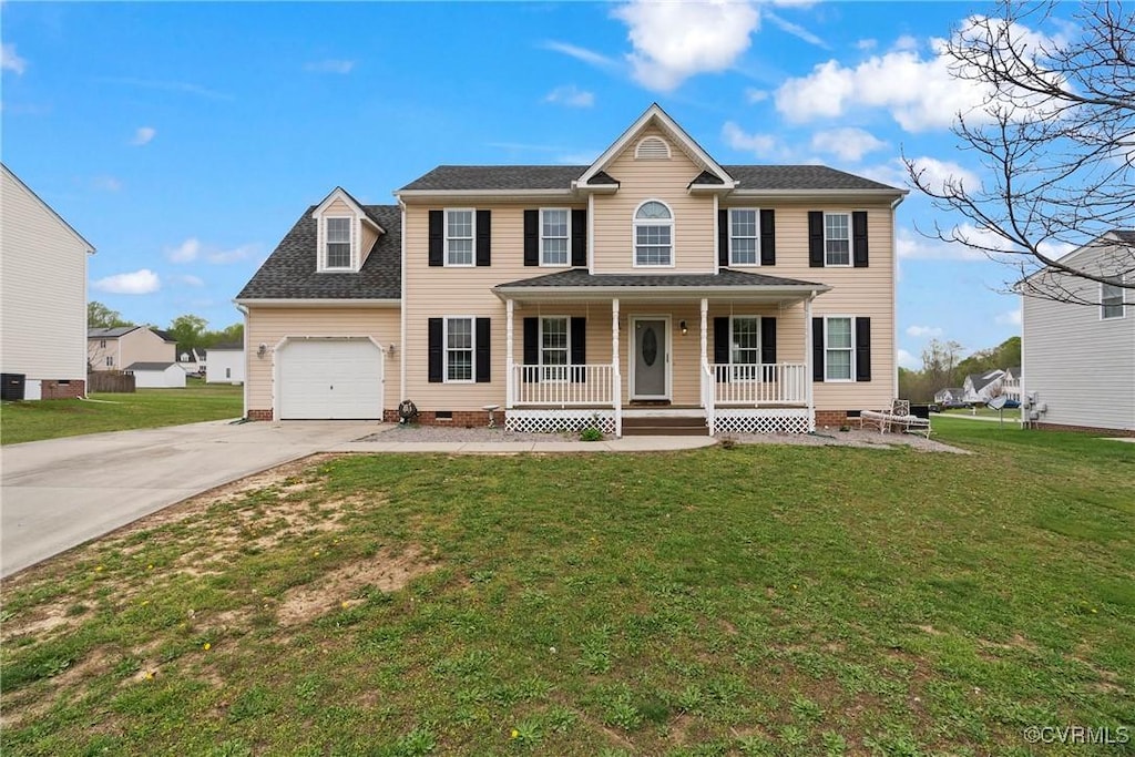 colonial inspired home featuring crawl space, covered porch, a front yard, a garage, and driveway