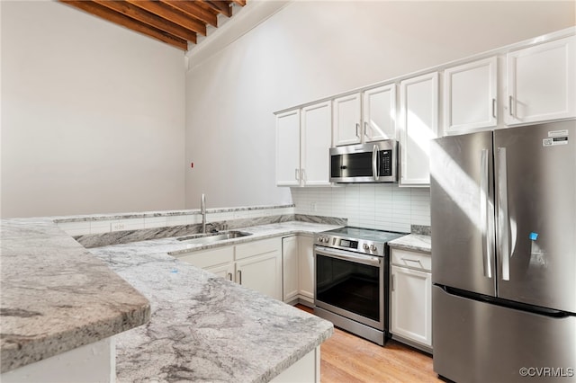 kitchen with appliances with stainless steel finishes, a sink, a peninsula, white cabinetry, and backsplash
