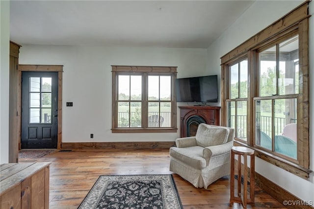 interior space with a fireplace, light wood-type flooring, and baseboards