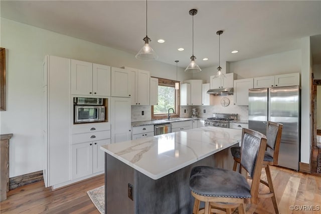 kitchen featuring under cabinet range hood, appliances with stainless steel finishes, a sink, and light wood-type flooring