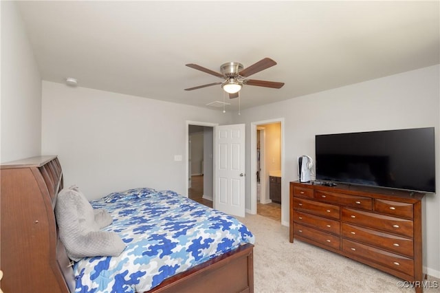 bedroom featuring baseboards, ceiling fan, light carpet, and visible vents