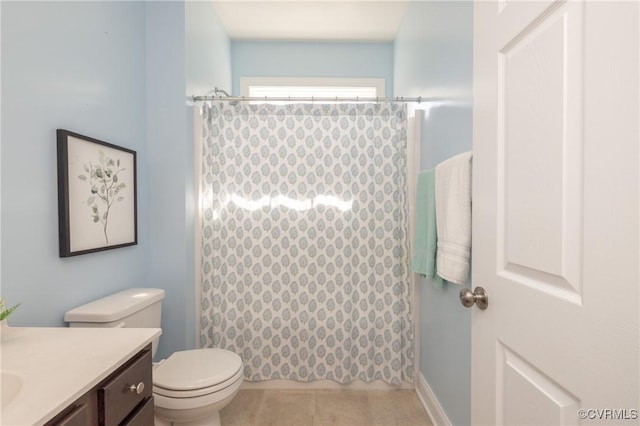 full bath with toilet, tile patterned floors, a shower with shower curtain, and vanity