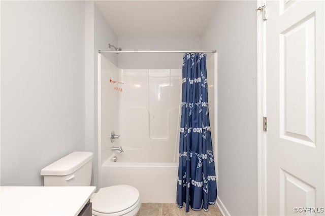 full bath with vanity, tile patterned floors, toilet, and shower / bath combination with curtain