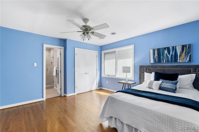 3 Welwyn Pl, Henrico, VA 23229 - bedroom featuring baseboards, wood finished floors, ceiling fan, a closet, and connected bathroom