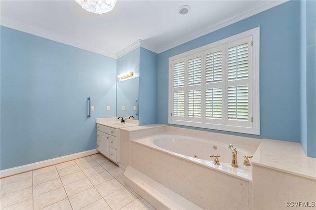 bathroom featuring a tub with jets, tile patterned floors, ornamental molding, and vanity