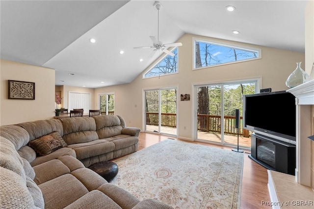 637 Mallard Bay Dr, Heathsville, VA 22473 - living room featuring ceiling fan, recessed lighting, high vaulted ceiling, and wood finished floors
