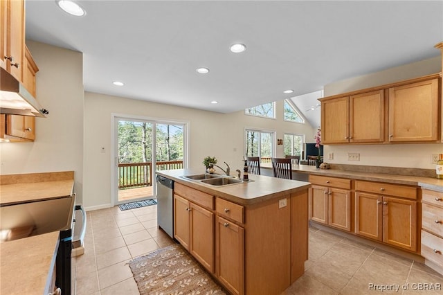 637 Mallard Bay Dr, Heathsville, VA 22473 - kitchen featuring light tile patterned floors, recessed lighting, a kitchen island with sink, dishwasher, and a sink