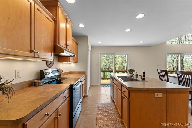 637 Mallard Bay Dr, Heathsville, VA 22473 - kitchen featuring an island with sink, recessed lighting, under cabinet range hood, a sink, and stainless steel appliances