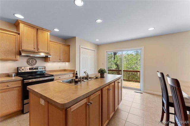 637 Mallard Bay Dr, Heathsville, VA 22473 - kitchen with light tile patterned floors, under cabinet range hood, stainless steel range with electric cooktop, a sink, and light brown cabinetry