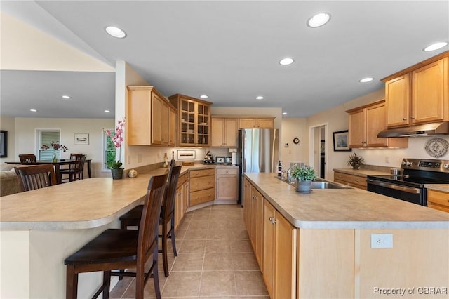 637 Mallard Bay Dr, Heathsville, VA 22473 - kitchen featuring a sink, appliances with stainless steel finishes, a peninsula, under cabinet range hood, and recessed lighting