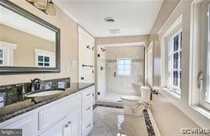 bathroom featuring vanity, a stall shower, and toilet