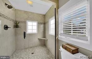 full bath featuring toilet and a shower stall