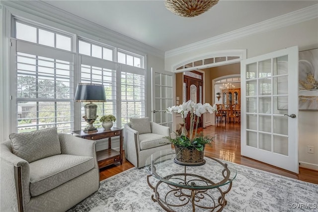 2600 Mulberry Row Rd, Midlothian, VA 23113 - sitting room featuring crown molding, french doors, wood finished floors, a chandelier, and baseboards