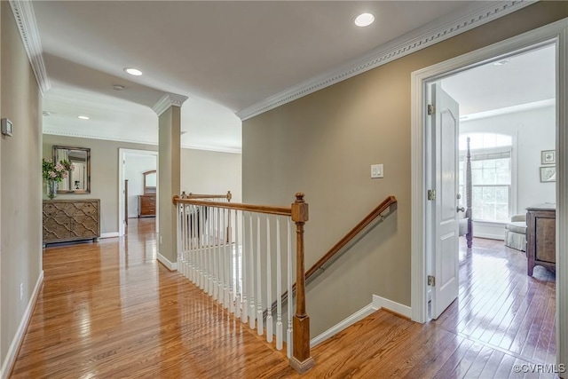 2600 Mulberry Row Rd, Midlothian, VA 23113 - hallway featuring an upstairs landing, ornamental molding, light wood-style floors, recessed lighting, and baseboards