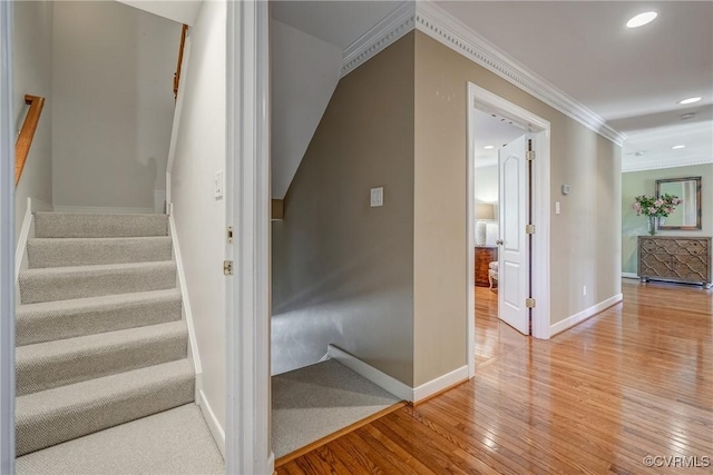 2600 Mulberry Row Rd, Midlothian, VA 23113 - stairway featuring ornamental molding, wood finished floors, baseboards, and recessed lighting