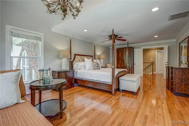 2600 Mulberry Row Rd, Midlothian, VA 23113 - bedroom with multiple windows, crown molding, a chandelier, light wood-style floors, and recessed lighting