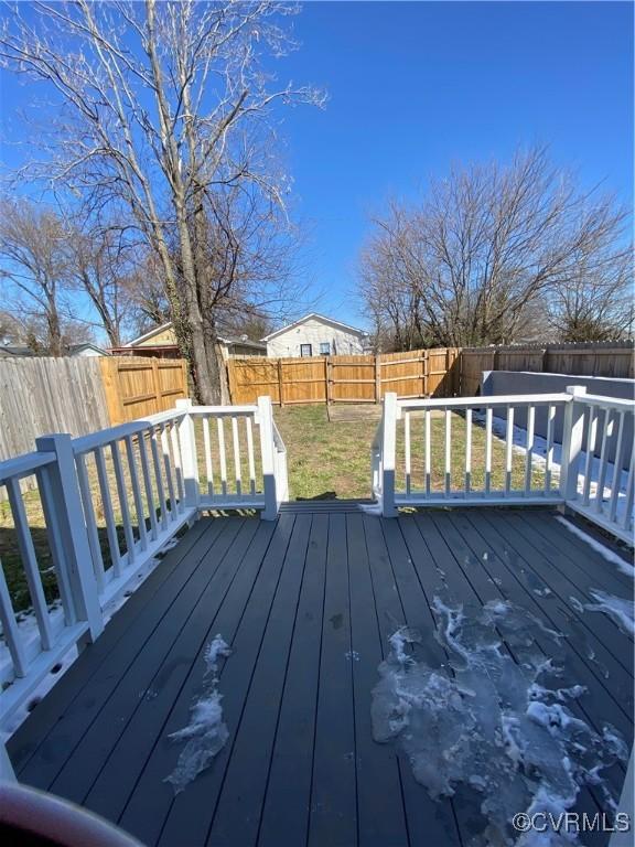 wooden deck with a fenced backyard