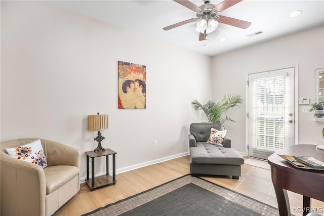 17318 Library Blvd, Ruther Glen, VA 22546 - sitting room with a ceiling fan, visible vents, recessed lighting, wood finished floors, and baseboards