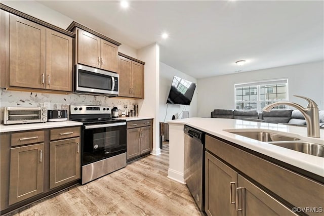 6177 Bowline Ln, Richmond, VA 23234 - kitchen with appliances with stainless steel finishes, open floor plan, light wood-type flooring, light countertops, and backsplash