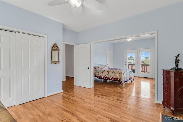 bedroom featuring ceiling fan, access to outside, and light wood-style floors