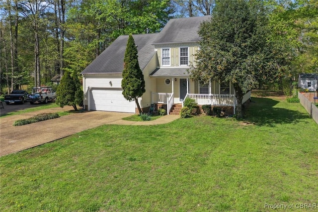 view of front of house featuring a porch, a front yard, fence, a garage, and driveway