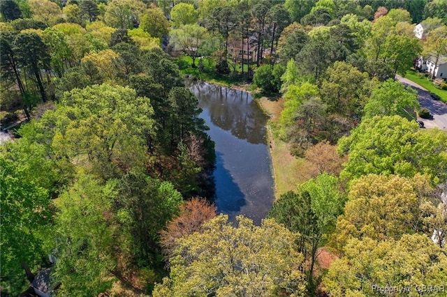 aerial view with a forest view and a water view