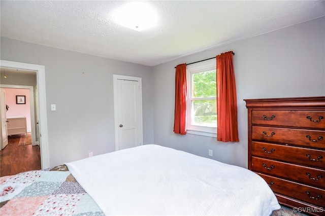 bedroom with dark wood-type flooring and a closet