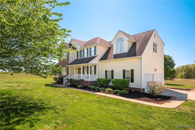 view of front facade with an attached garage, a porch, a front lawn, and concrete driveway