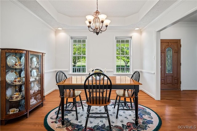 dining space featuring plenty of natural light, a tray ceiling, and a notable chandelier