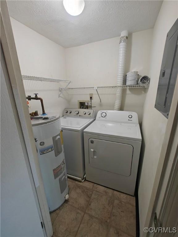 7701 Okeith Ct Unit 1601, Henrico, VA 23228 - laundry area with electric water heater, electric panel, independent washer and dryer, a textured ceiling, and light tile patterned flooring