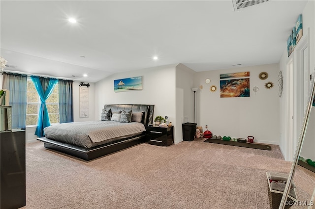 bedroom with baseboards, carpet, visible vents, and recessed lighting