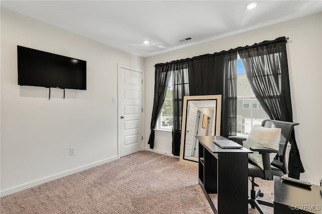 office area with light carpet, recessed lighting, visible vents, and baseboards