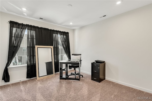 office with visible vents, baseboards, recessed lighting, and carpet flooring