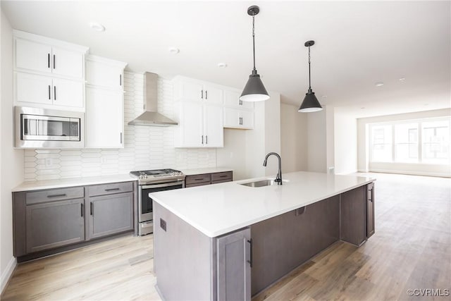 kitchen featuring wall chimney range hood, decorative backsplash, a sink, stainless steel appliances, and light wood finished floors